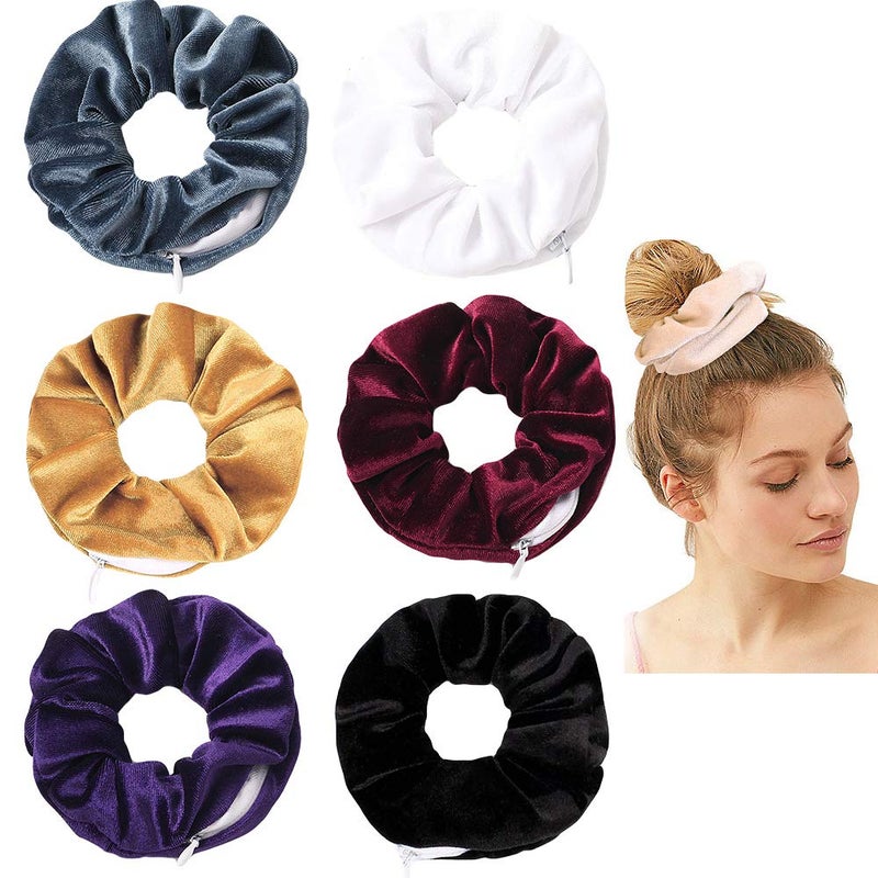 DINPREY Women's Velvet Scrunchies with Hidden Zipper Pocket - Soft Hair Ties and Elastic Bands for VSCO Girl Essentials (6 Pieces) - Image 1